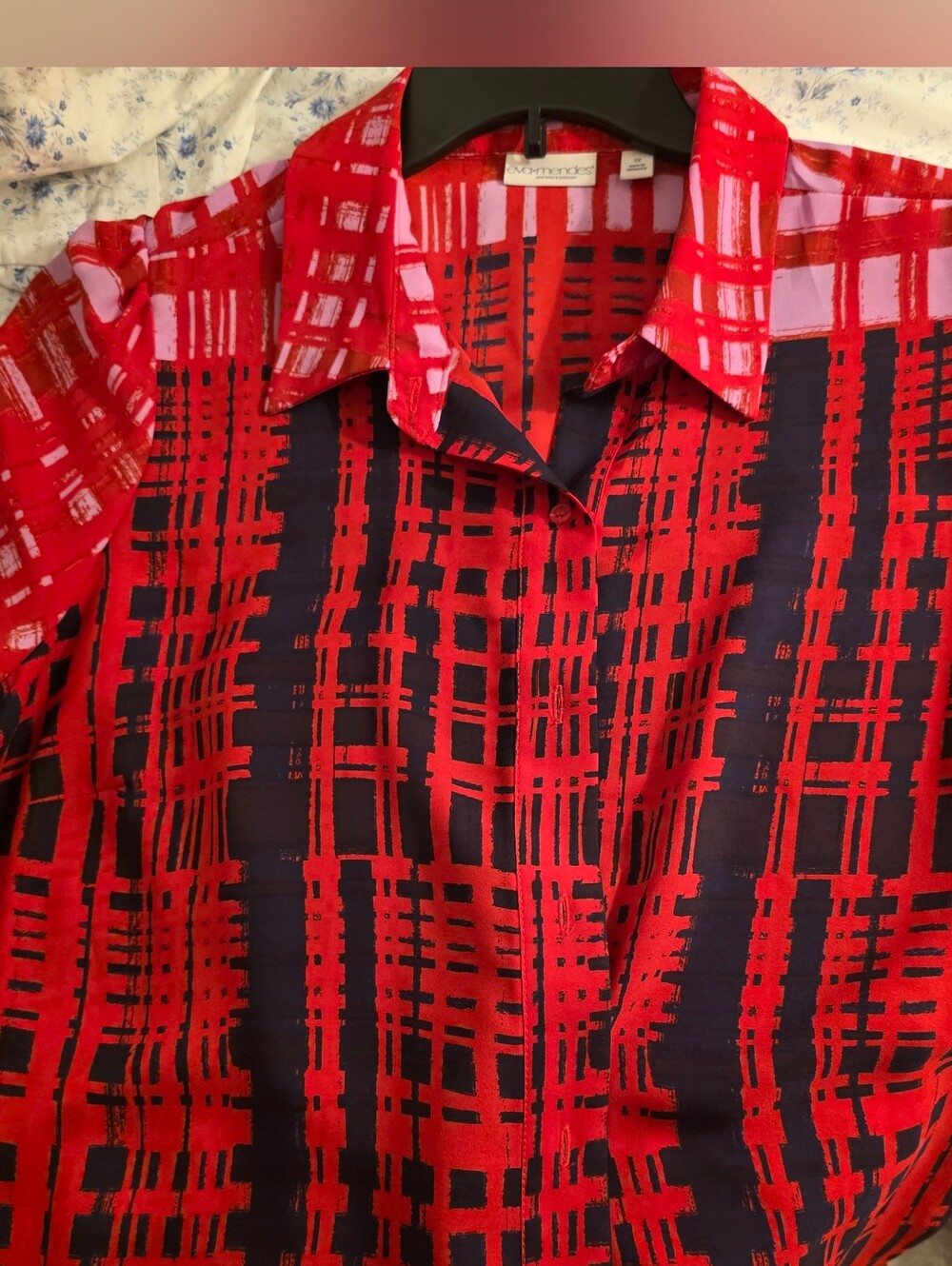 New York & Company Red and Navy Abstract Plaid Button-Down Shirt It Has Pink Too